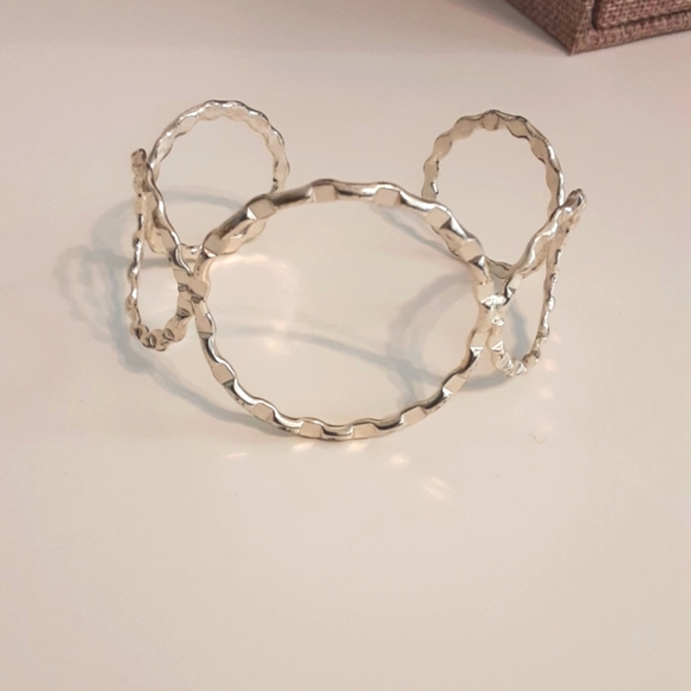 Cuff Bracelet Silver Tone Crimped Hammered Circles Bangle Whimsygoth Festival